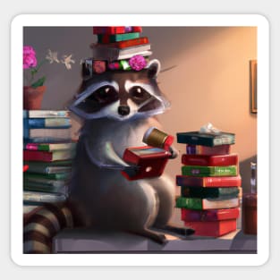 Cozy Raccoon Reading Books Sticker